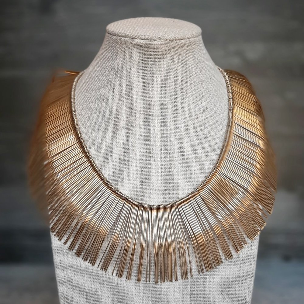VTG Mid Century Modern Gold Tone Fringe Bib Collar Necklace